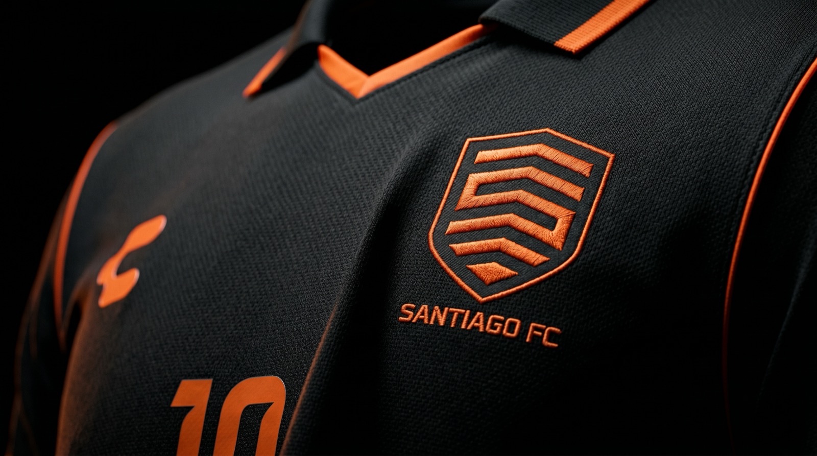 Uniforme local Santiago FC — negro y naranja